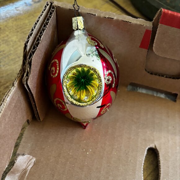 Old World Christmas ornament Triple Indent Reflector Red Teardrop blown glass - Picture 1 of 2